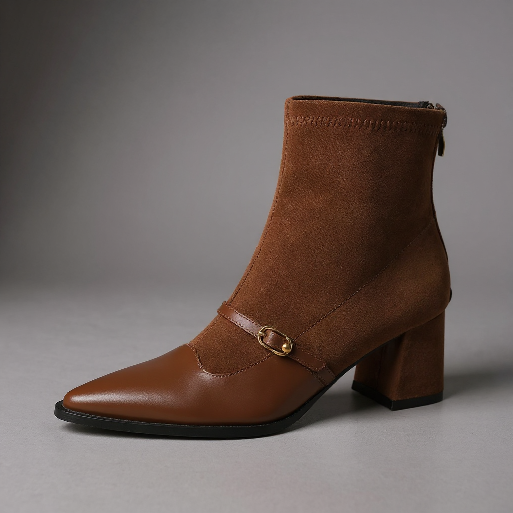 Elizabeth | Women's Ankle Boots - Faux Suede Pointed Toe Block Heel Buckle