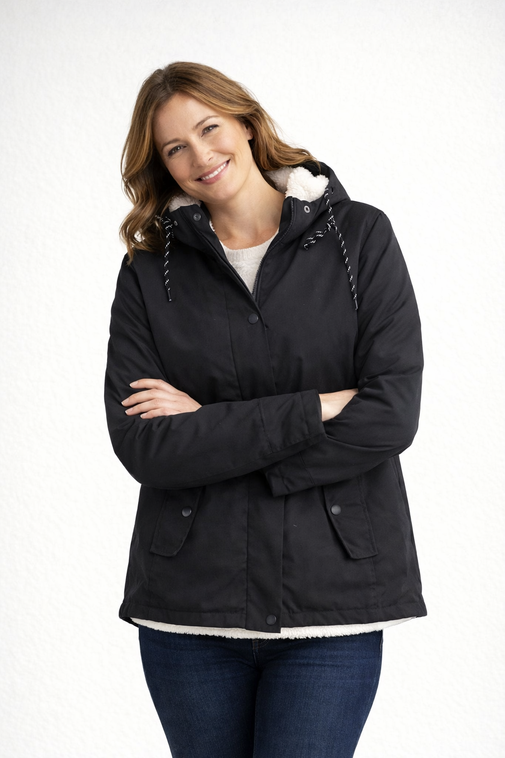 Emily | Women's Jacket - Fleece-Lined Parka Drawstring Hood Snap Pockets