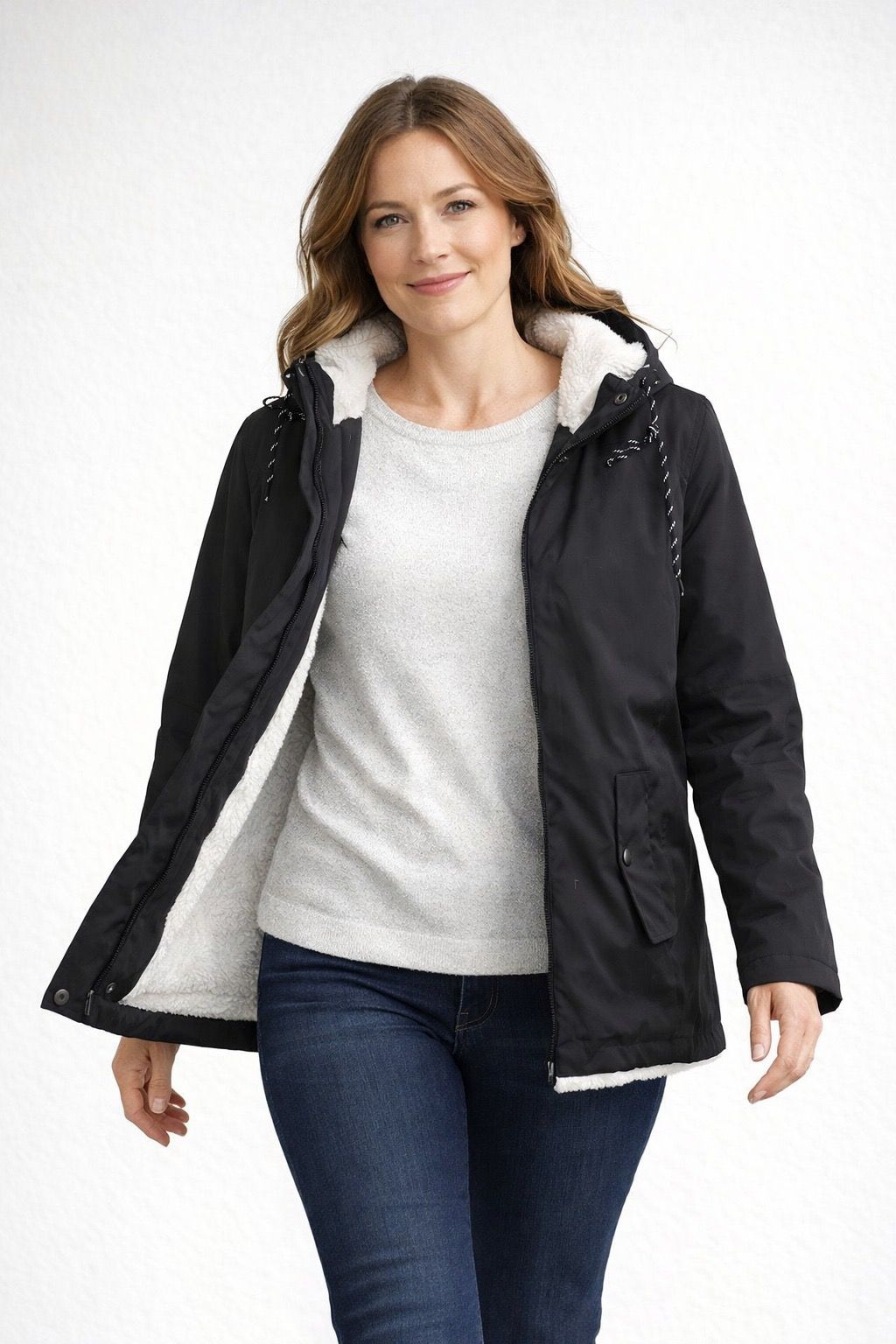 Emily | Women's Jacket - Fleece-Lined Parka Drawstring Hood Snap Pockets