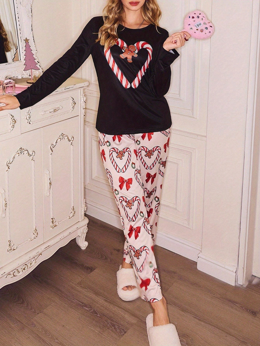 Brooklyn | Women's Gingerbread Christmas Pajamas - Candy Cane Print Set