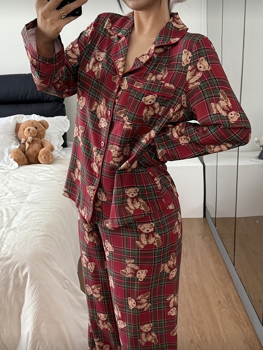Peyton | Women's Satin Plaid Christmas Pajamas - Teddy Bear Print Wide Leg
