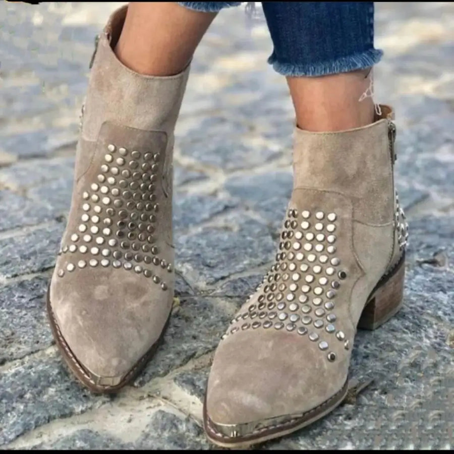 Ellie | Women's Ankle Boots - Studded Pointed Toe Chunky Heel Side Zip