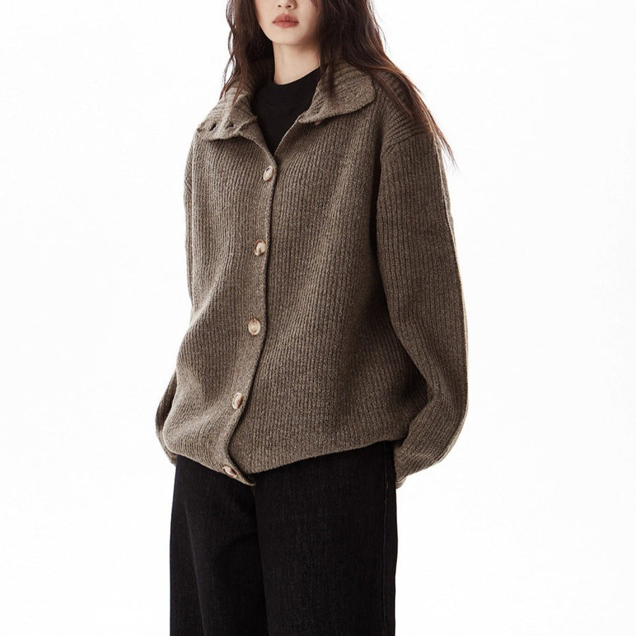 Kathleen | Women's Knit Collared Cardigan - Ribbed Fold Over Collar Relaxed