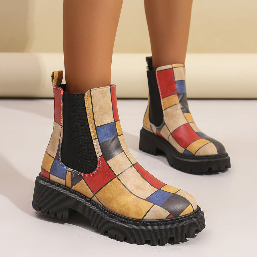 Sloane | Women's Leather Platform Chelsea Boots - Geometric Print Lug Sole