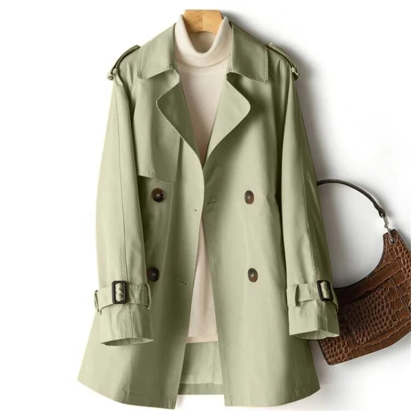 Melissa | Women's Double Breasted Trench Coat - Belted Mid Length Epaulets