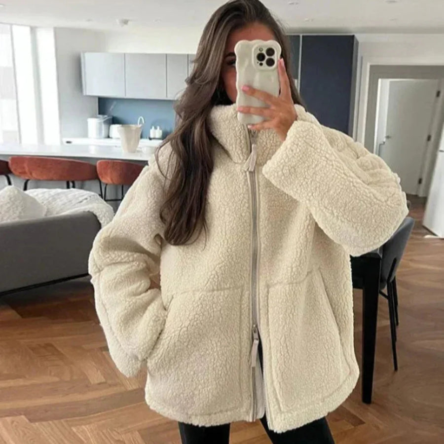 Lily | Women's Jacket - Oversized Teddy Fleece Stand Collar Full Zip