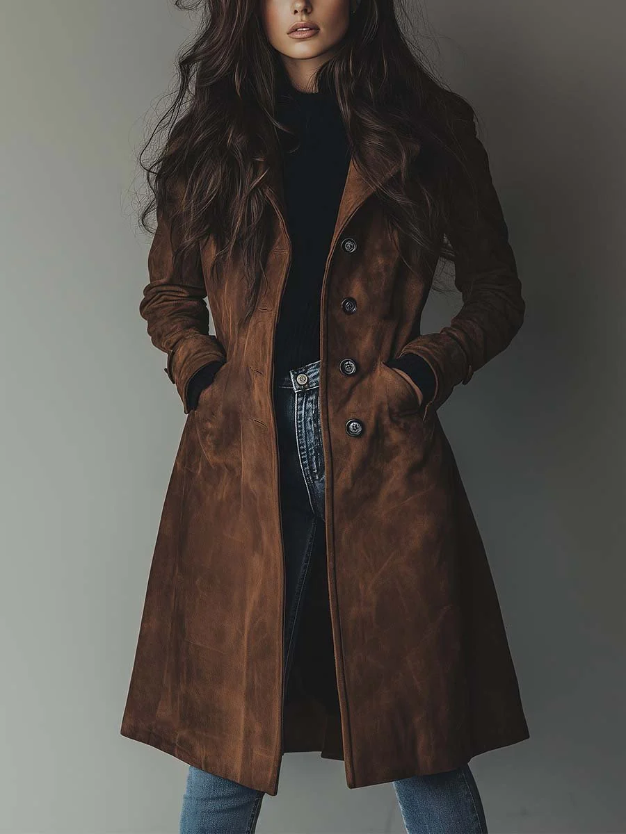 Christine | Women's Suede Trench Coat - Long Belted Wide Notch Lapel