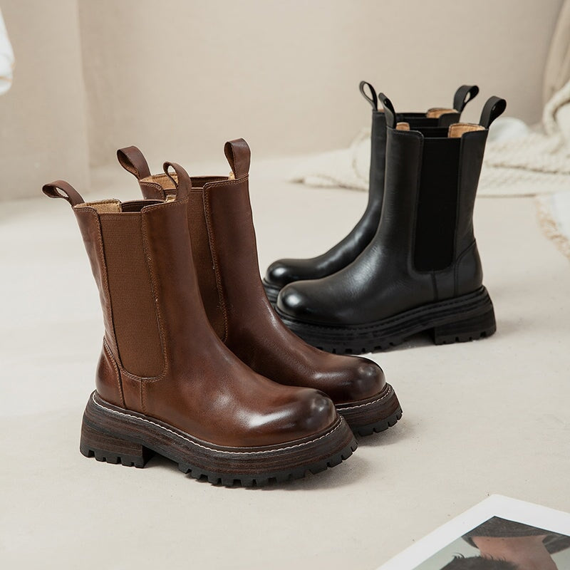 Sophia | Women's Leather Chelsea Boots - Chunky Sole Double Pull Tab