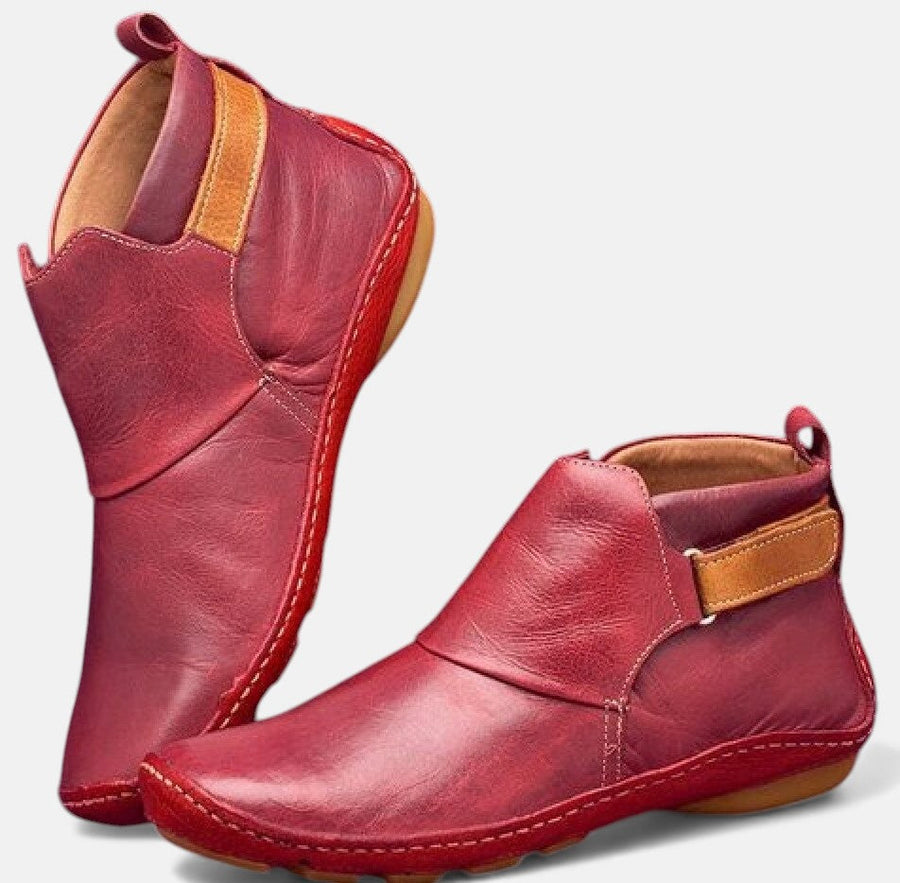 Reagan | Women's Flat Ankle Boots - Faux Leather Elastic Side Pull Tab