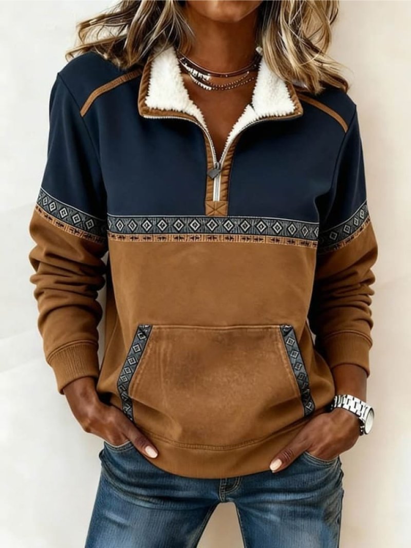 Taylor | Women's Fleece Quarter Zip Sweatshirt - Sherpa Collar Aztec Trim