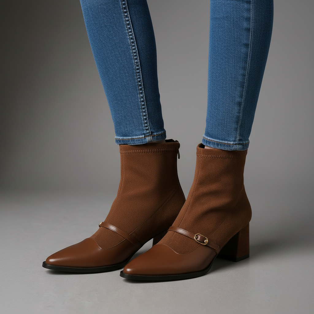 Elizabeth | Women's Ankle Boots - Faux Suede Pointed Toe Block Heel Buckle