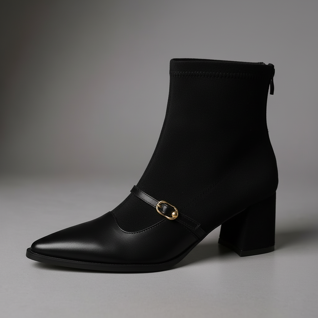 Elizabeth | Women's Ankle Boots - Faux Suede Pointed Toe Block Heel Buckle