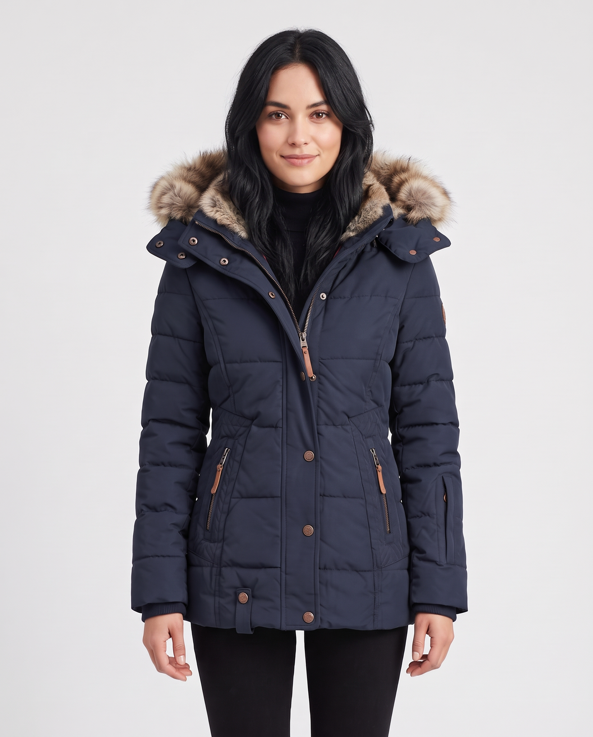 Women's quilted winter puffer jacket with a faux fur lined hood, snap button placket over a zip, zip pockets with leather pulls and a fitted waist in Blue, front view