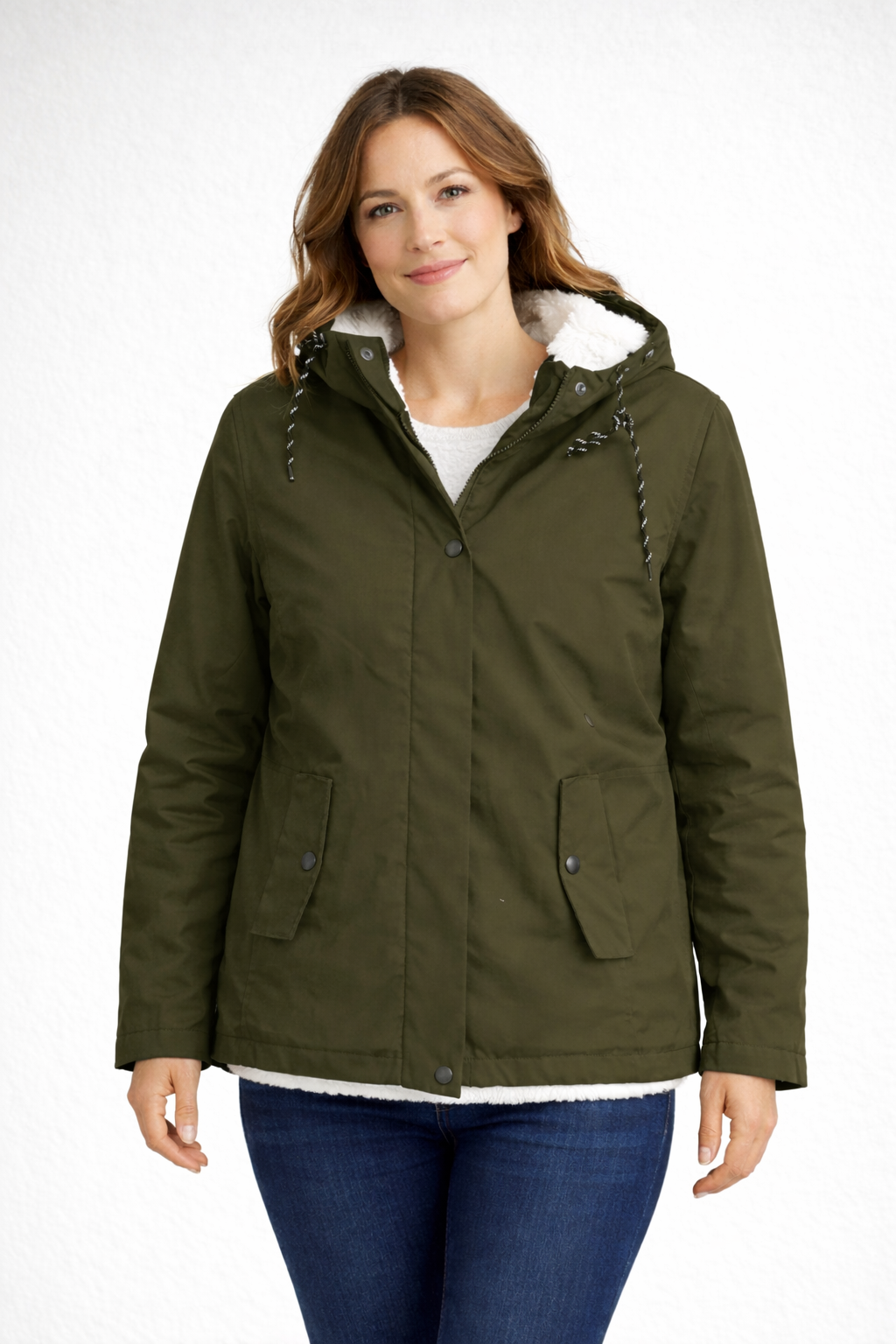 Emily | Women's Jacket - Fleece-Lined Parka Drawstring Hood Snap Pockets