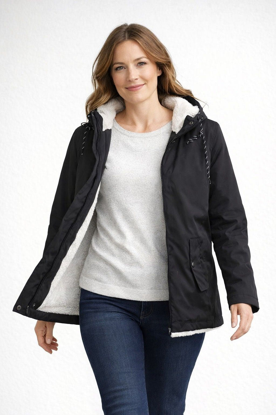 Emily | Women's Jacket - Fleece-Lined Parka Drawstring Hood Snap Pockets