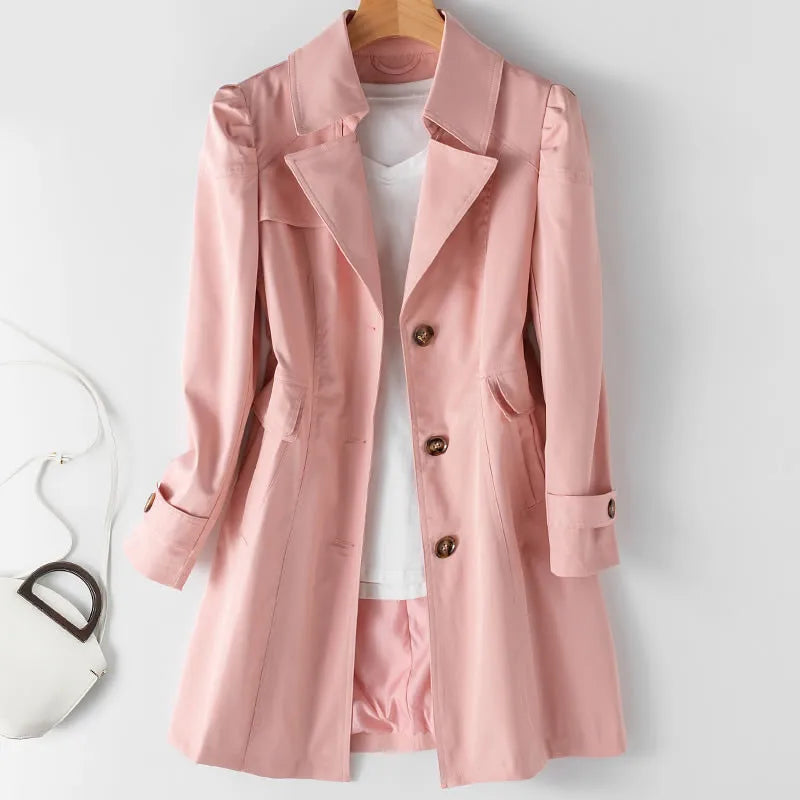 Heather | Women's Long Trench Coat - Single Breasted Cotton Blend Pockets