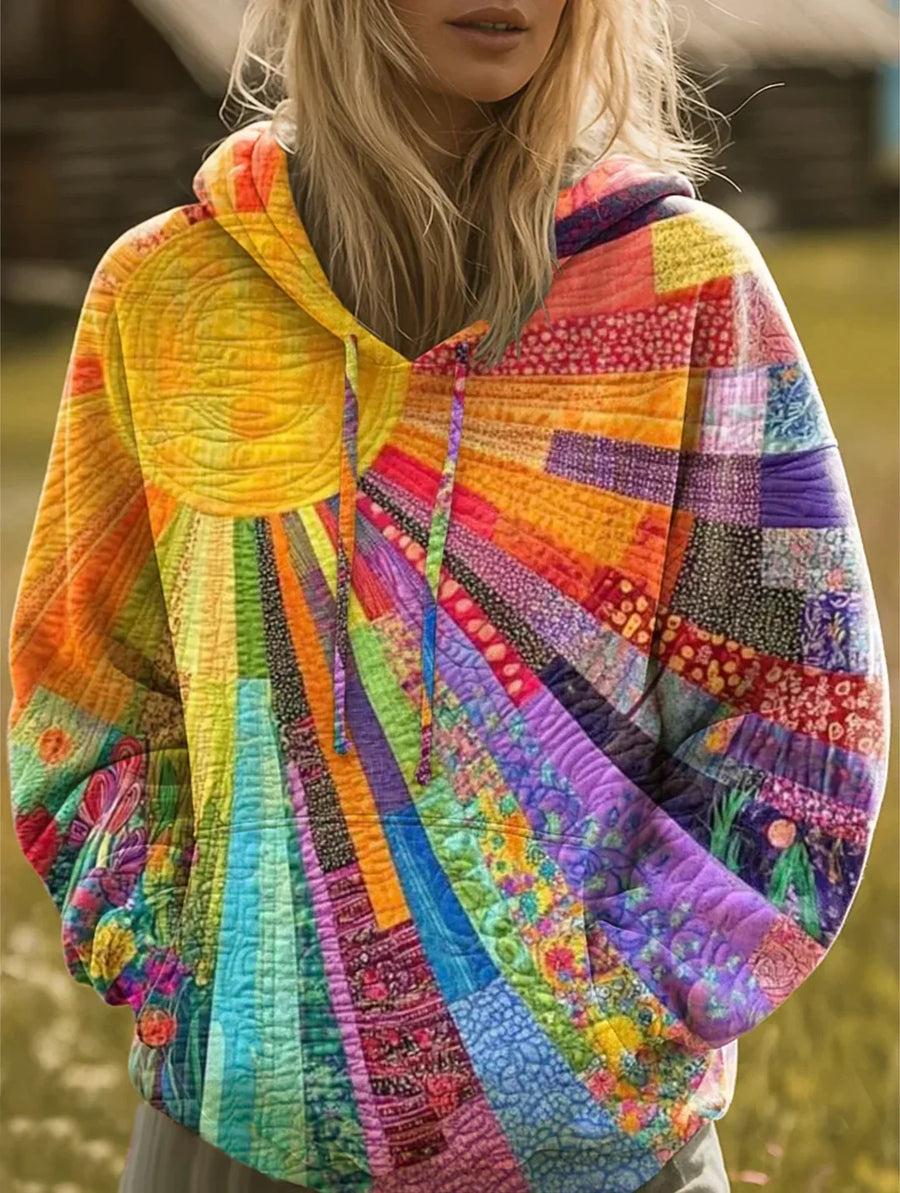 Kennedy | Women's Patchwork Hoodie - Boho Sunburst Relaxed Fit Pullover
