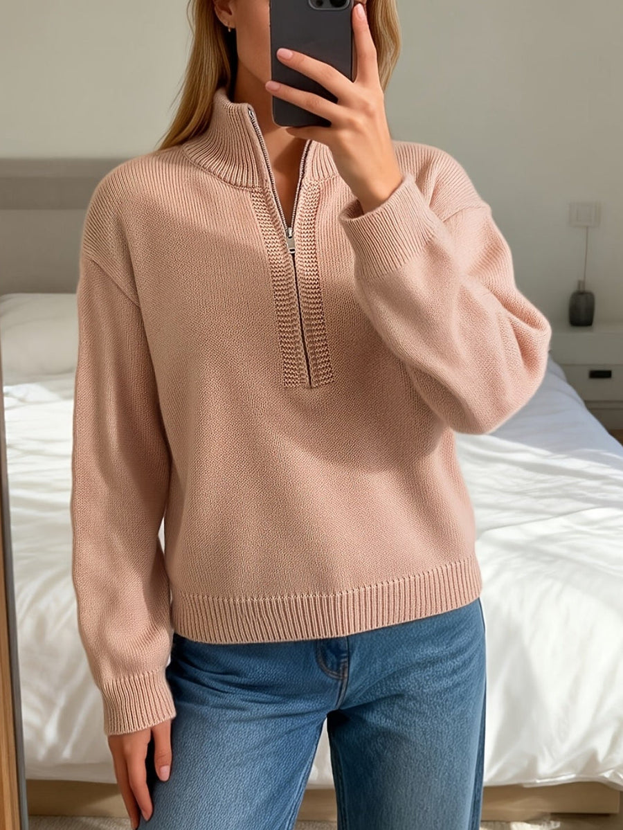 Delaney | Women's Mock Neck Quarter Zip Sweater - Ribbed Knit Oversized